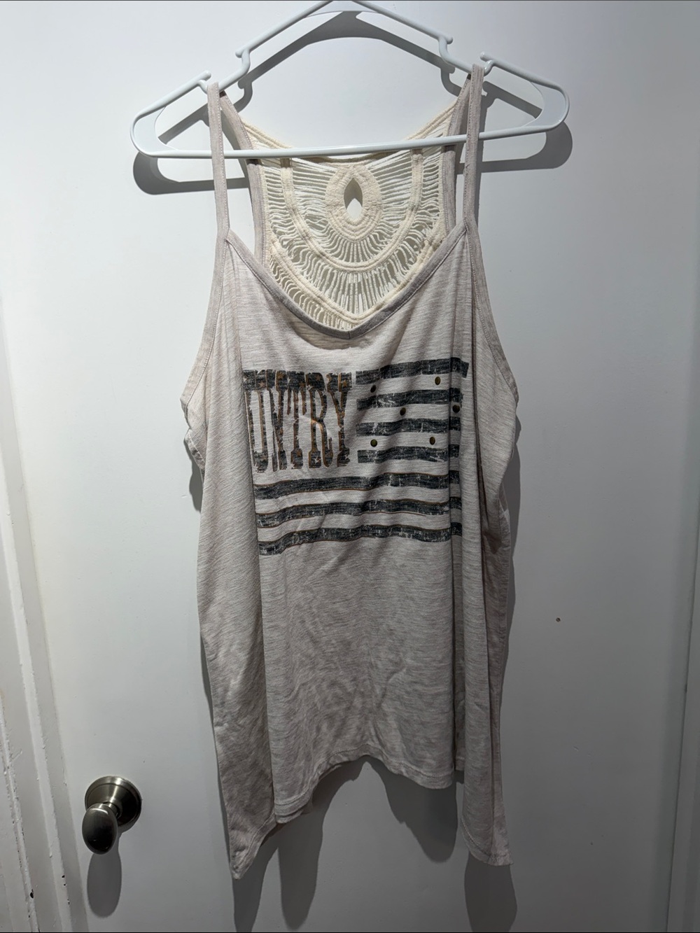 Maurices Cream Crochet-Back Graphic Tank Top